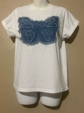 On Twelfth S White T-Shirt Blue Denim Butterfly Applique Faux Diamonds NWOT